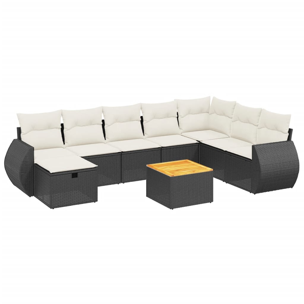 9-delige Loungeset met kussens poly rattan zwart