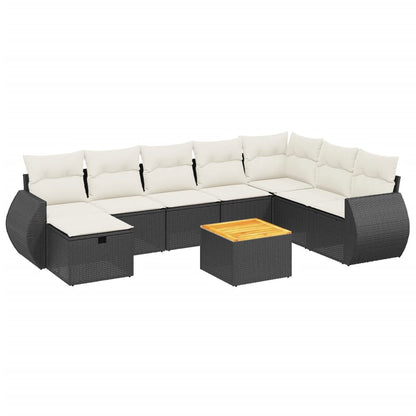 9-delige Loungeset met kussens poly rattan zwart