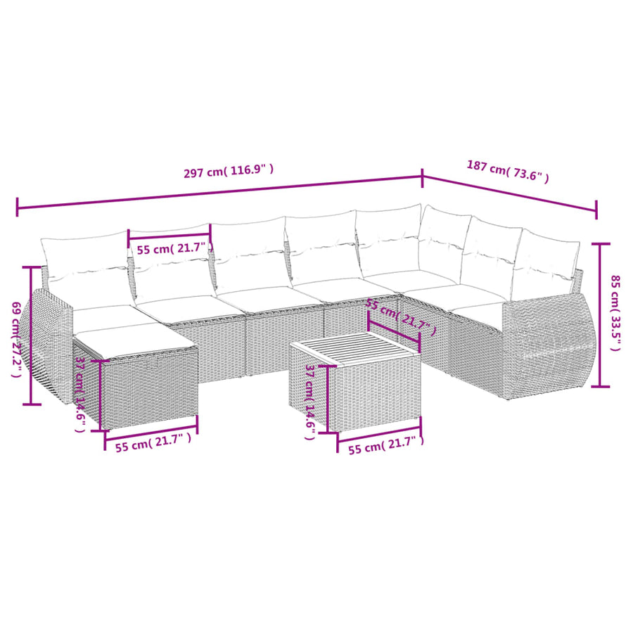 9-delige Loungeset met kussens poly rattan zwart
