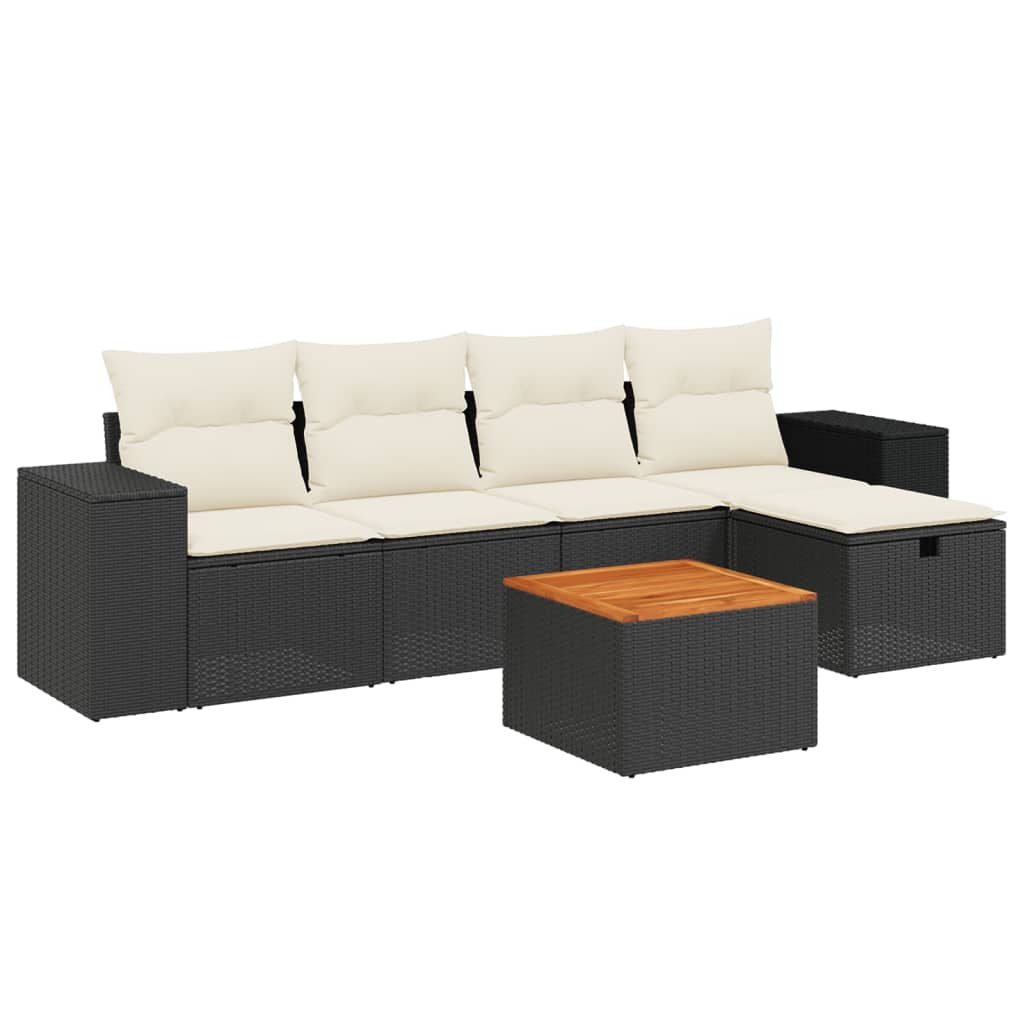 6-delige Loungeset met kussens poly rattan zwart