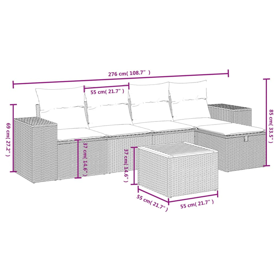 6-delige Loungeset met kussens poly rattan zwart