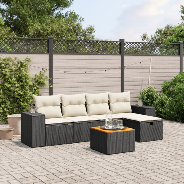 6-delige Loungeset met kussens poly rattan zwart