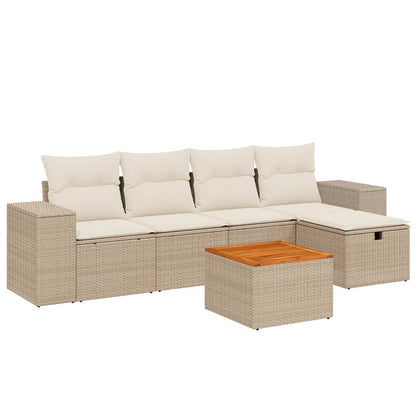 6-delige Loungeset met kussens poly rattan beige