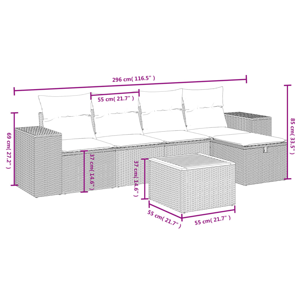 6-Delige Loungeset Met Kussens Poly Rattan Grijs