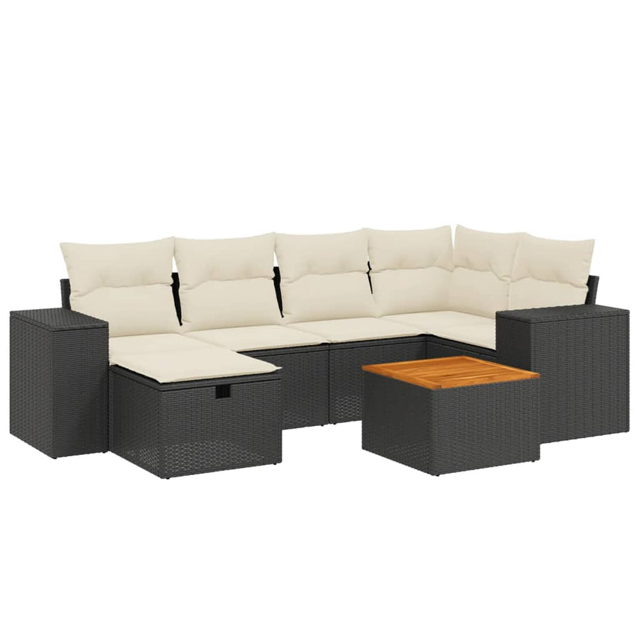 7-delige Loungeset met kussens poly rattan zwart