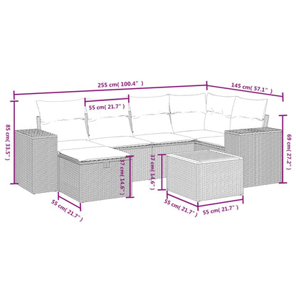7-delige Loungeset met kussens poly rattan zwart