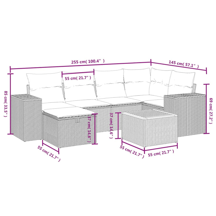 7-delige Loungeset met kussens poly rattan zwart