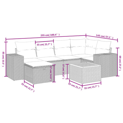 7-delige Loungeset met kussens poly rattan beige