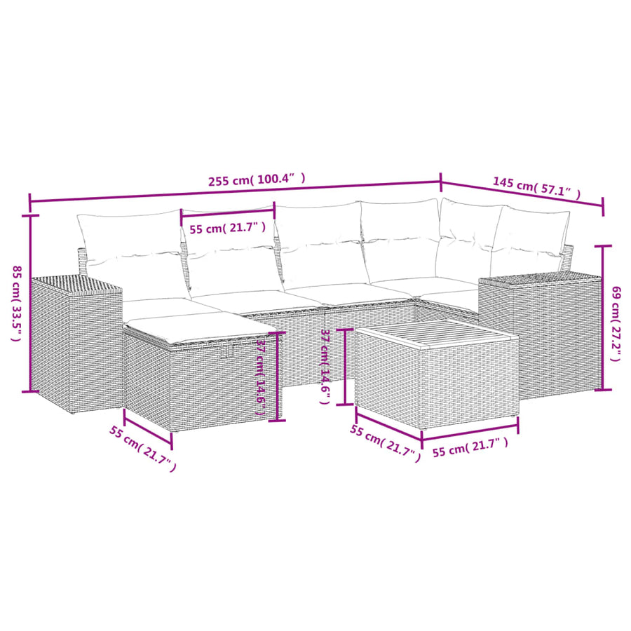 7-delige Loungeset met kussens poly rattan beige