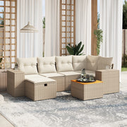 Loungeset poly rattan 7-delig beige kussens acaciahout tafelblad