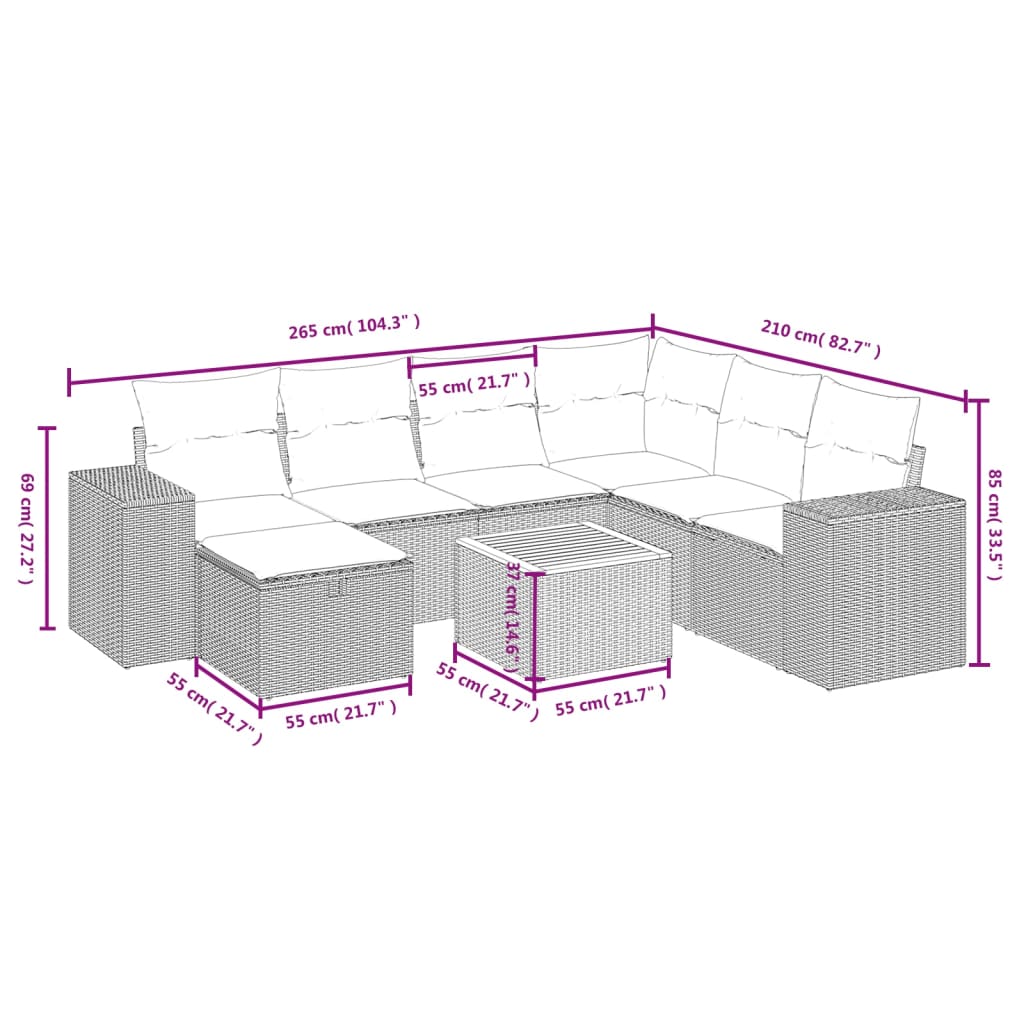 8-Delige Loungeset Met Kussens Poly Rattan Grijs