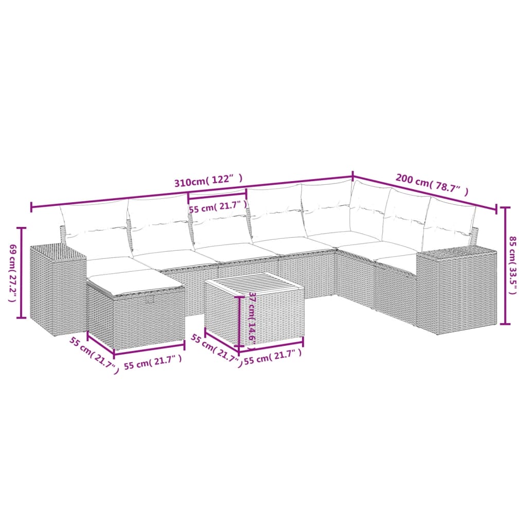 9-delige Loungeset met kussens poly rattan zwart