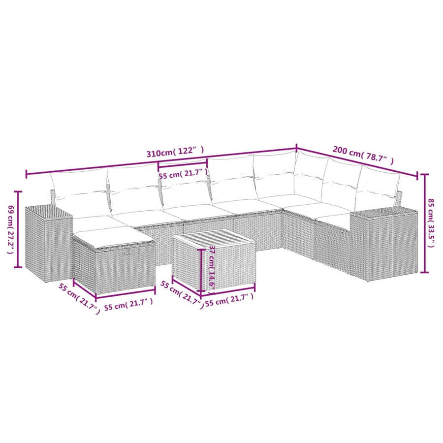 9-delige Loungeset met kussens poly rattan zwart