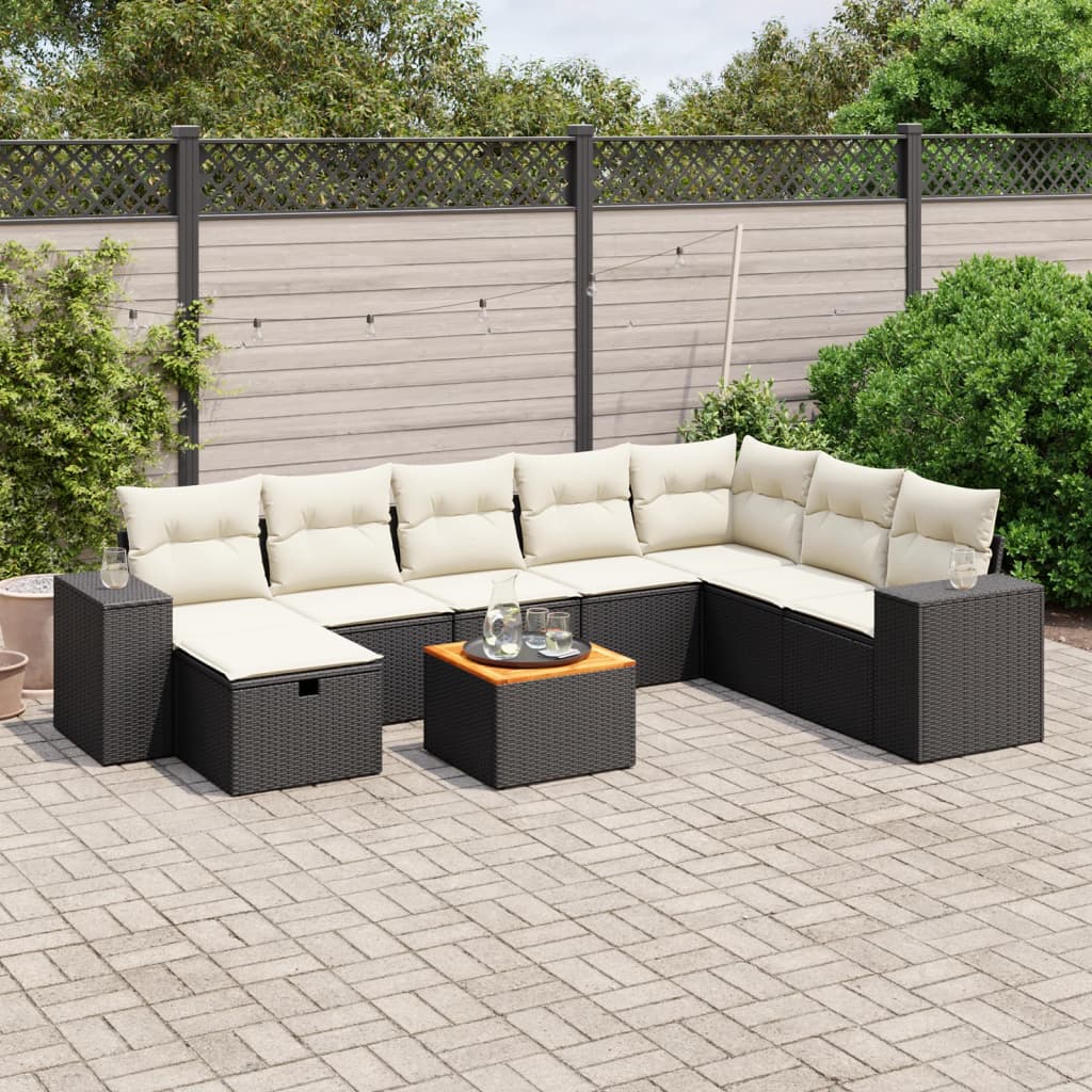 9-delige Loungeset met kussens poly rattan zwart