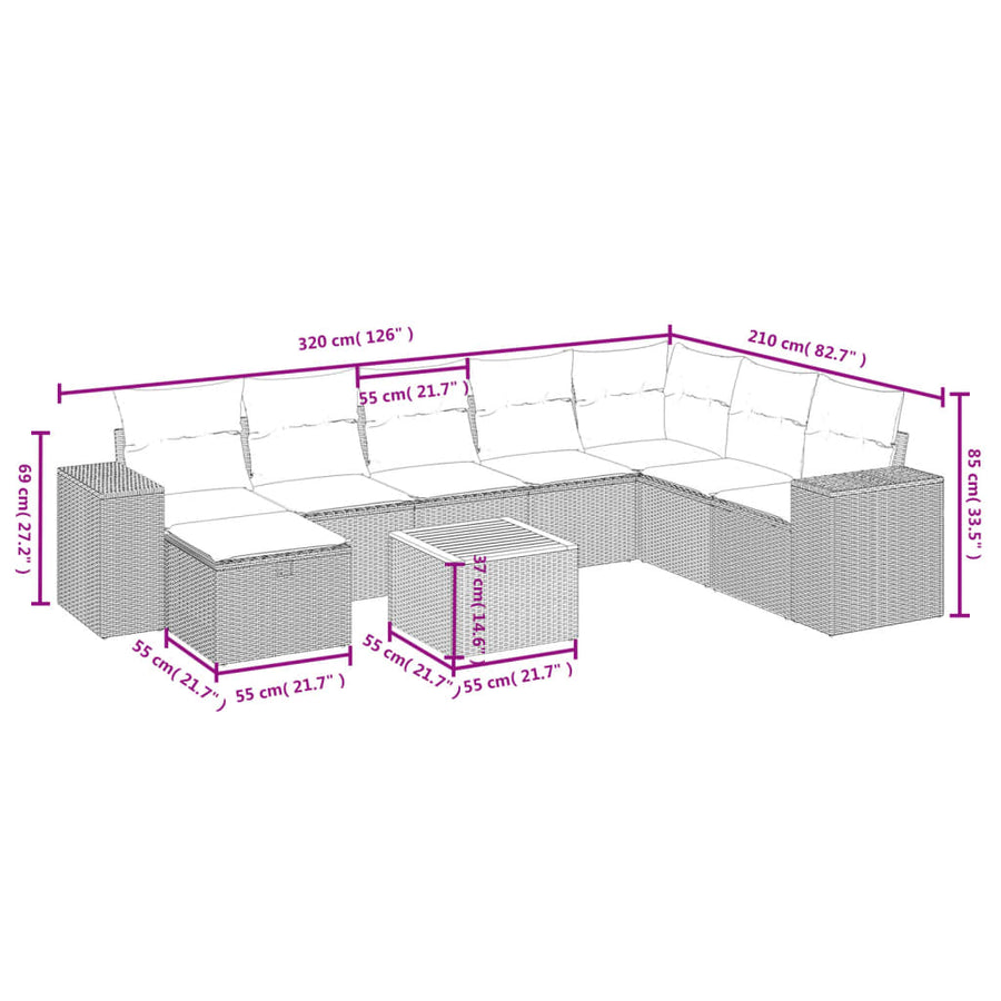 9-Delige Loungeset Met Kussens Poly Rattan Beige
