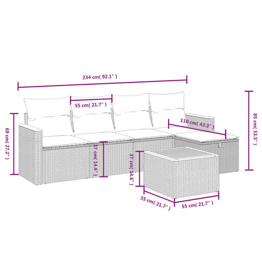 6-Delige Loungeset Met Kussens Poly Rattan Grijs