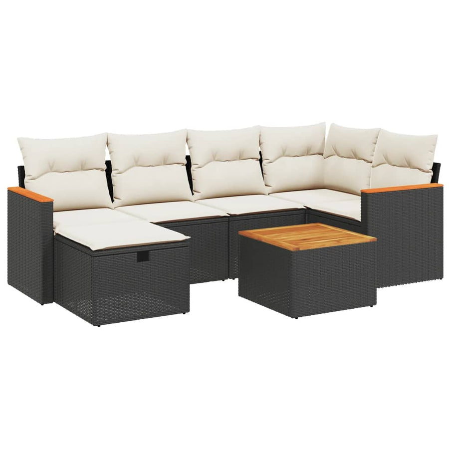 7-delige Loungeset met kussens poly rattan zwart