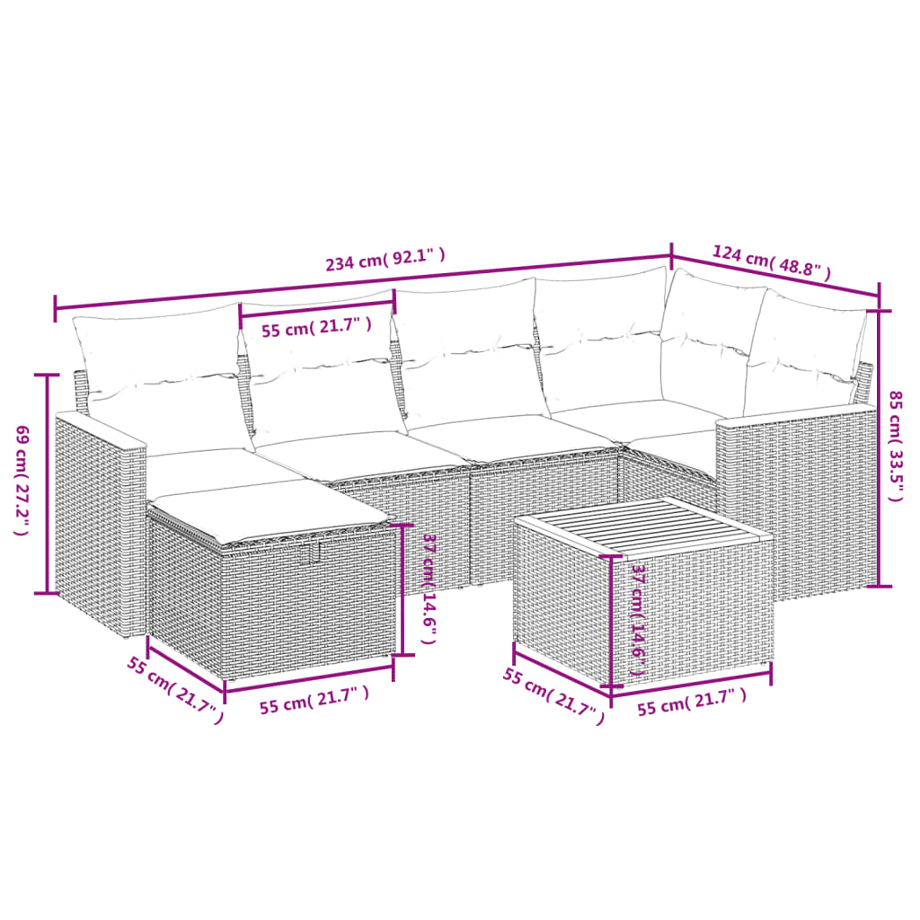 7-delige Loungeset met kussens poly rattan zwart