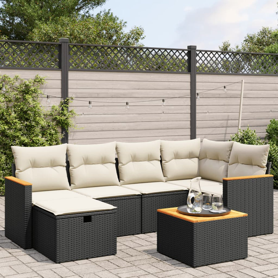 7-delige Loungeset met kussens poly rattan zwart