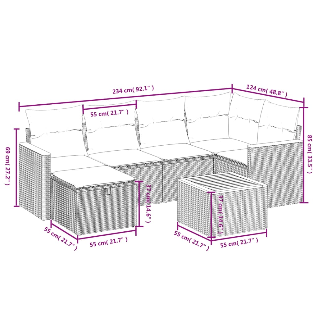 7-Delige Loungeset Met Kussens Poly Rattan Gemengd Beige