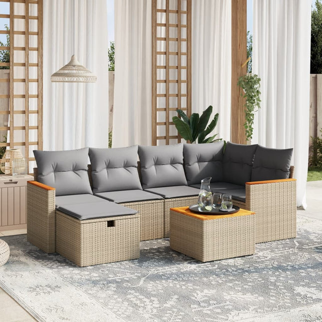 7-Delige Loungeset Met Kussens Poly Rattan Gemengd Beige