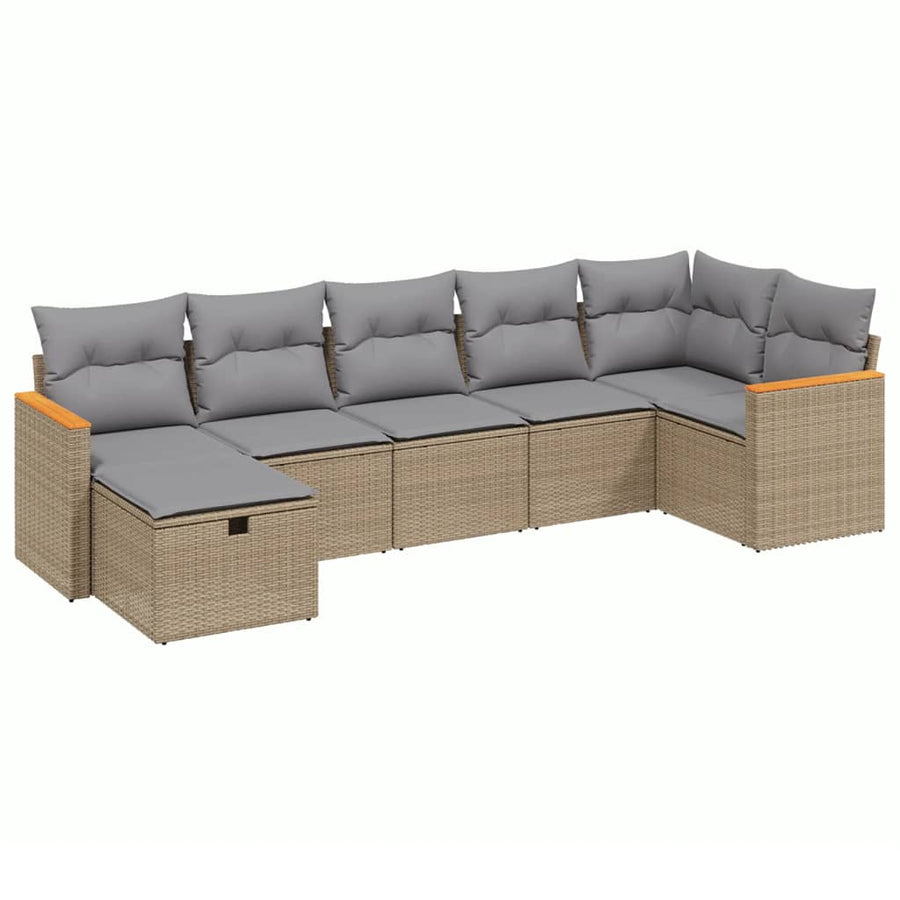 7-Delige Loungeset Met Kussens Poly Rattan Gemengd Beige