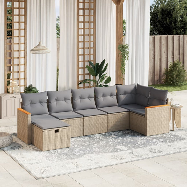 7-Delige Loungeset Met Kussens Poly Rattan Gemengd Beige