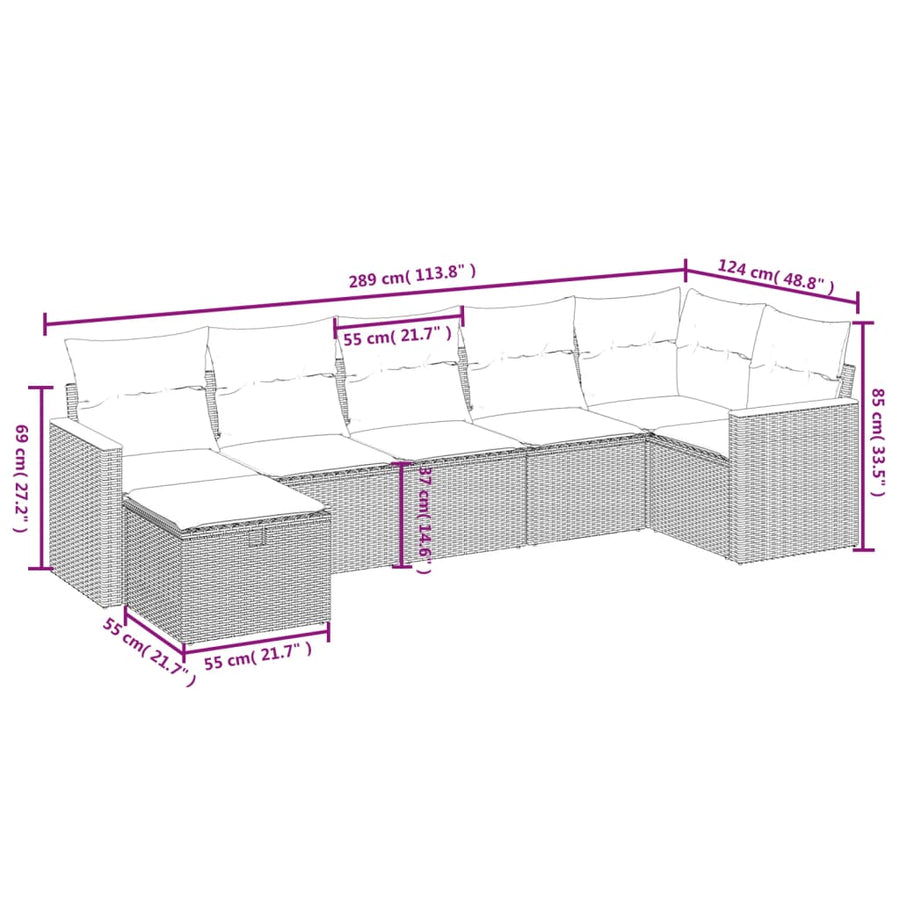 7-Delige Loungeset Met Kussens Poly Rattan Grijs