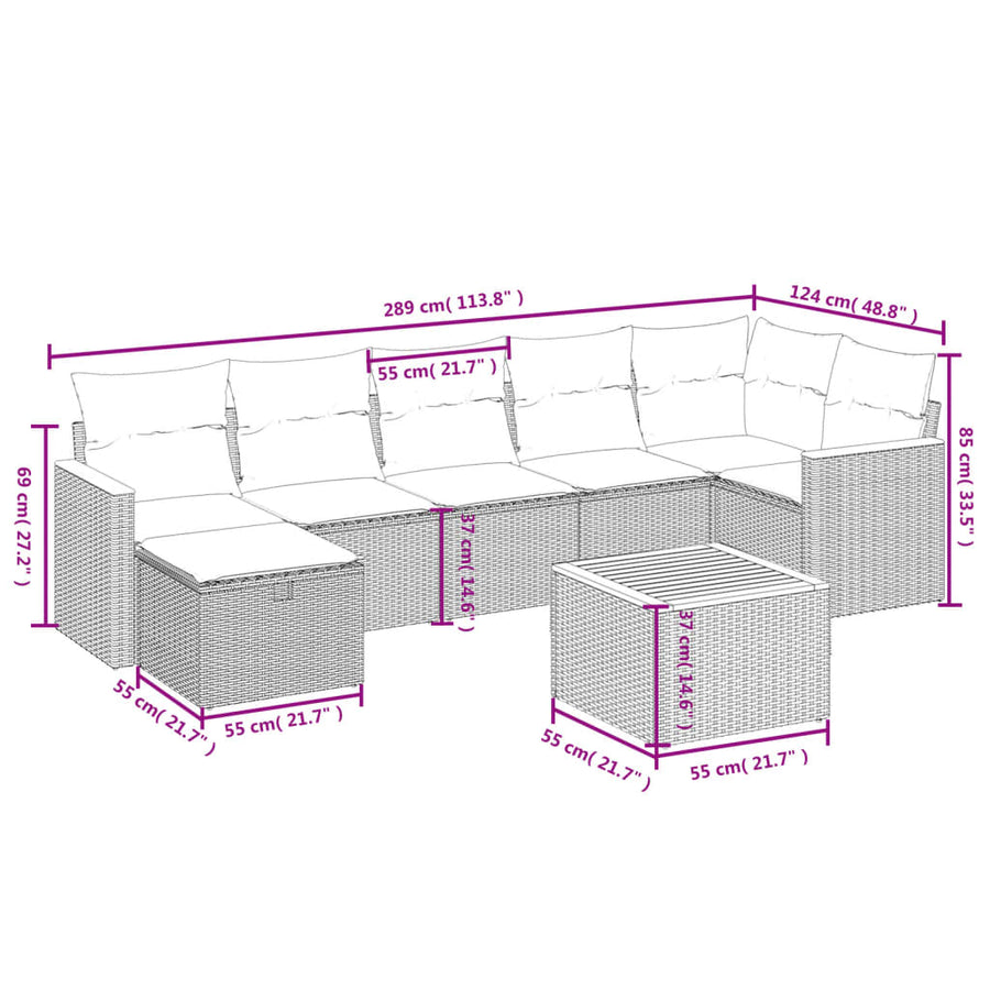 8-Delige Loungeset Met Kussens Poly Rattan Grijs
