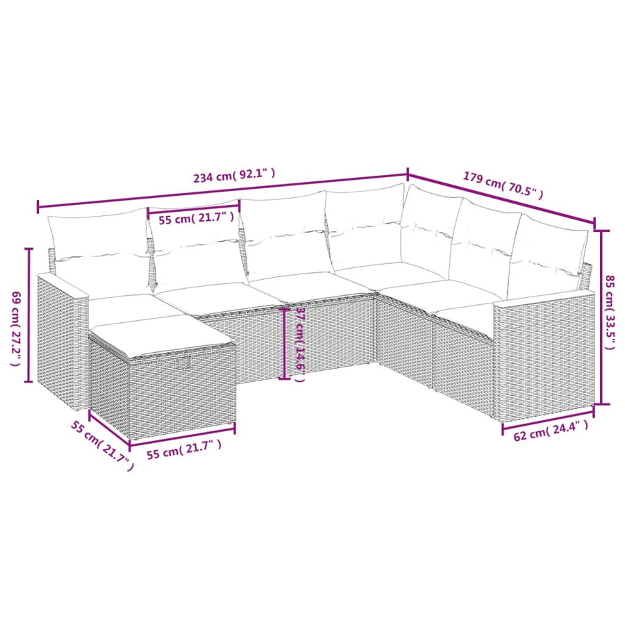 7-Delige Loungeset Met Kussens Poly Rattan Gemengd Beige
