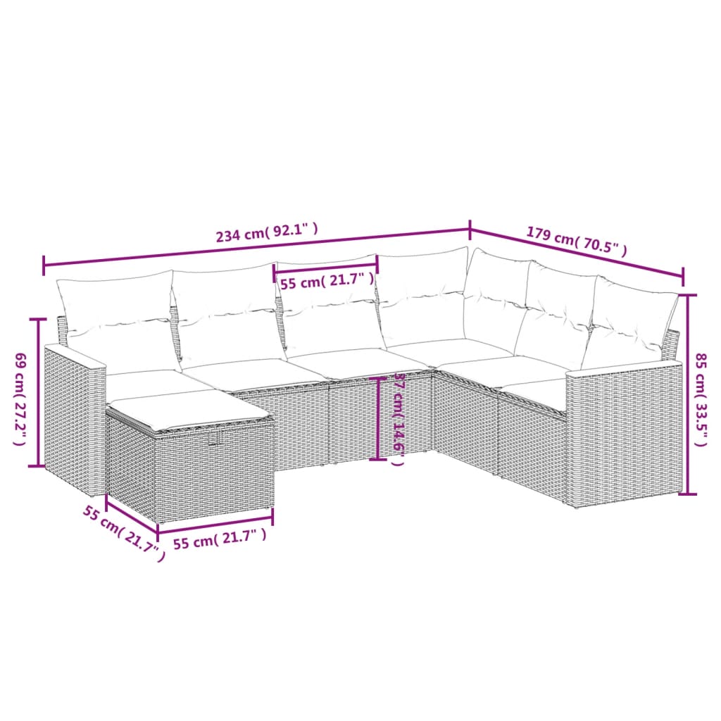 7-Delige Loungeset Met Kussens Poly Rattan Grijs