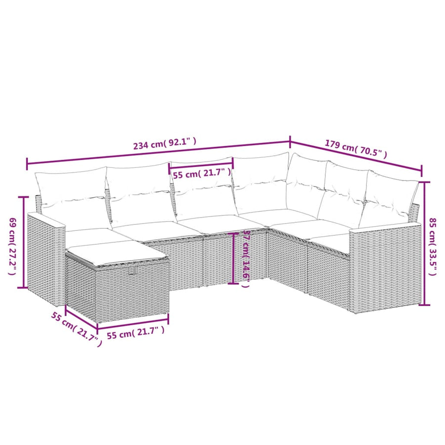 7-Delige Loungeset Met Kussens Poly Rattan Grijs