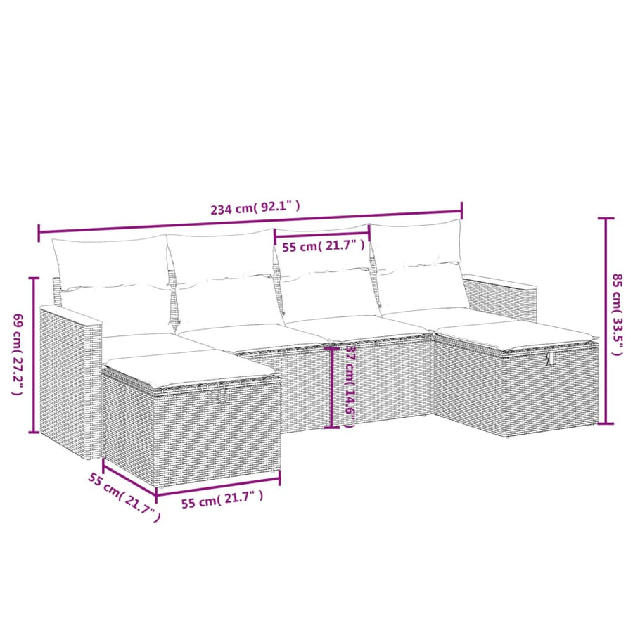 6-Delige Loungeset Met Kussens Poly Rattan Grijs