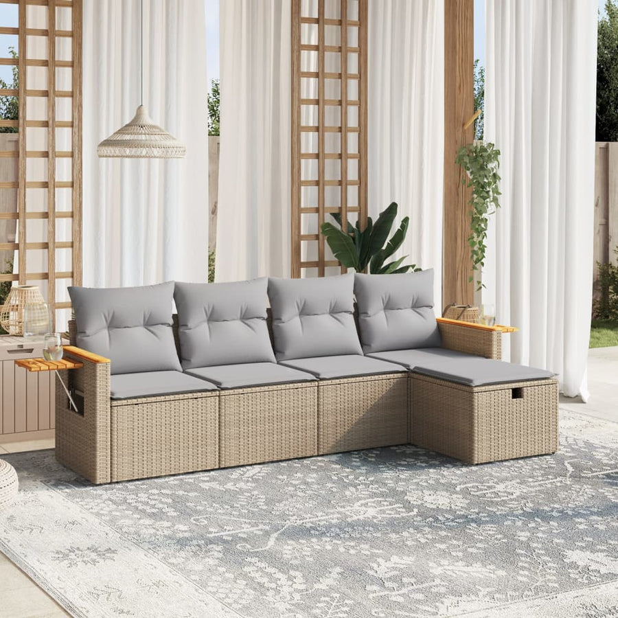 5-Delige Loungeset Met Kussens Poly Rattan Gemengd Beige