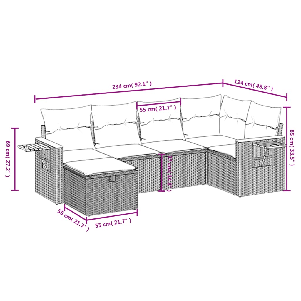 6-delige Loungeset met kussens poly rattan beige