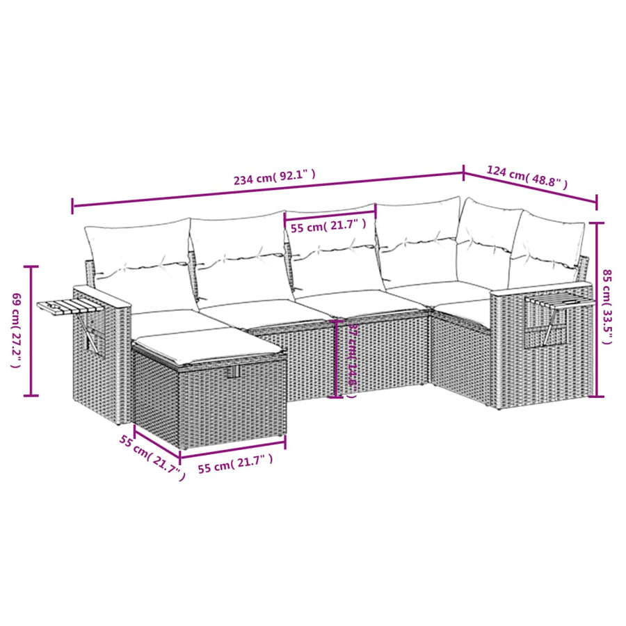 6-delige Loungeset met kussens poly rattan beige