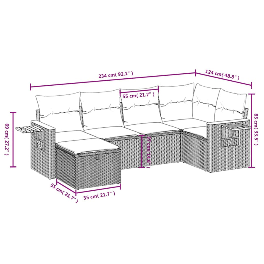 6-Delige Loungeset Met Kussens Poly Rattan Gemengd Beige