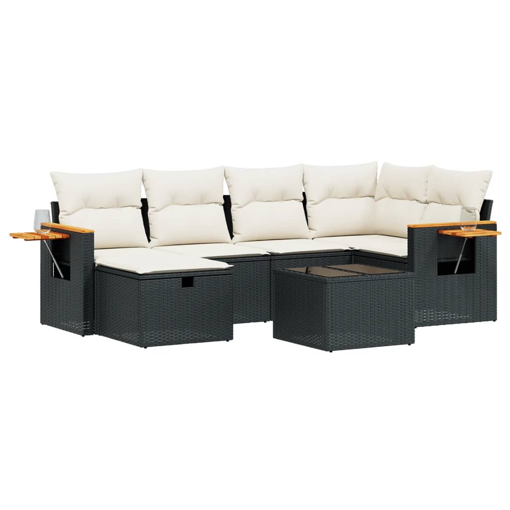 7-delige Loungeset met kussens poly rattan zwart