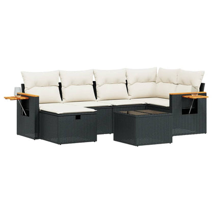 7-delige Loungeset met kussens poly rattan zwart