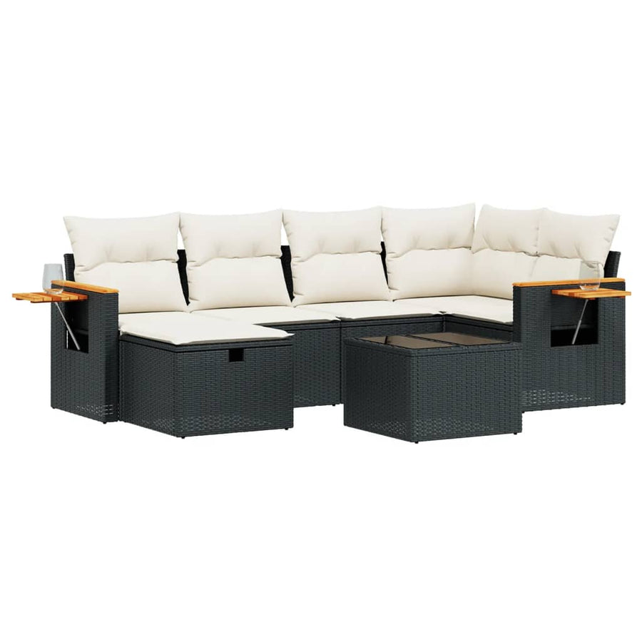 7-delige Loungeset met kussens poly rattan zwart