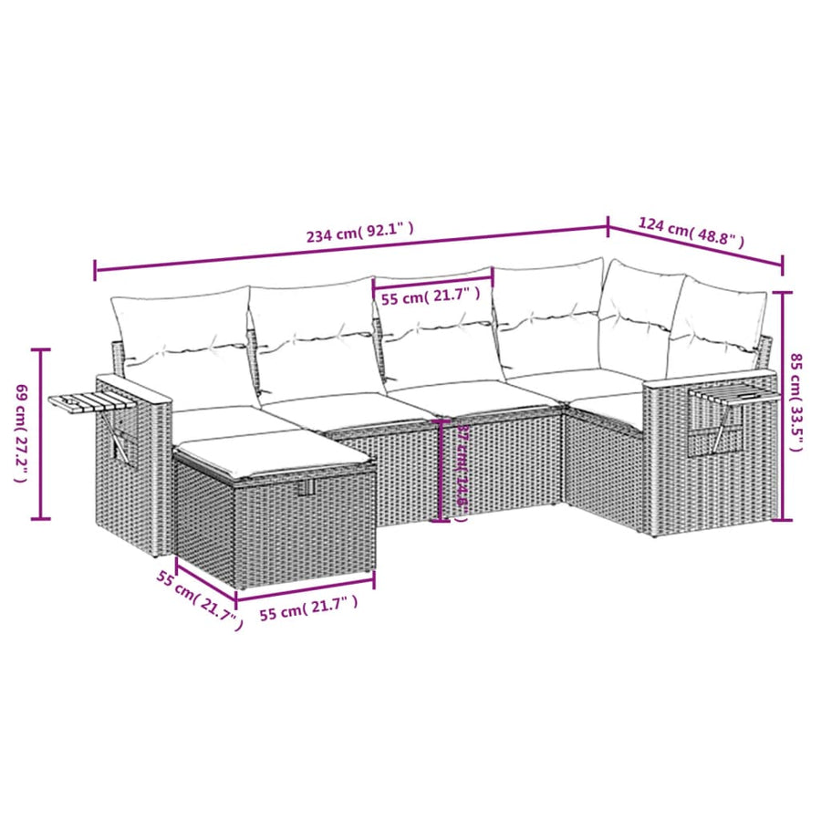 7-delige Loungeset met kussens poly rattan zwart