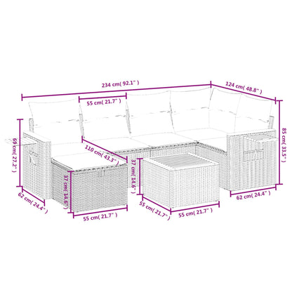 7-delige Loungeset met kussens poly rattan beige