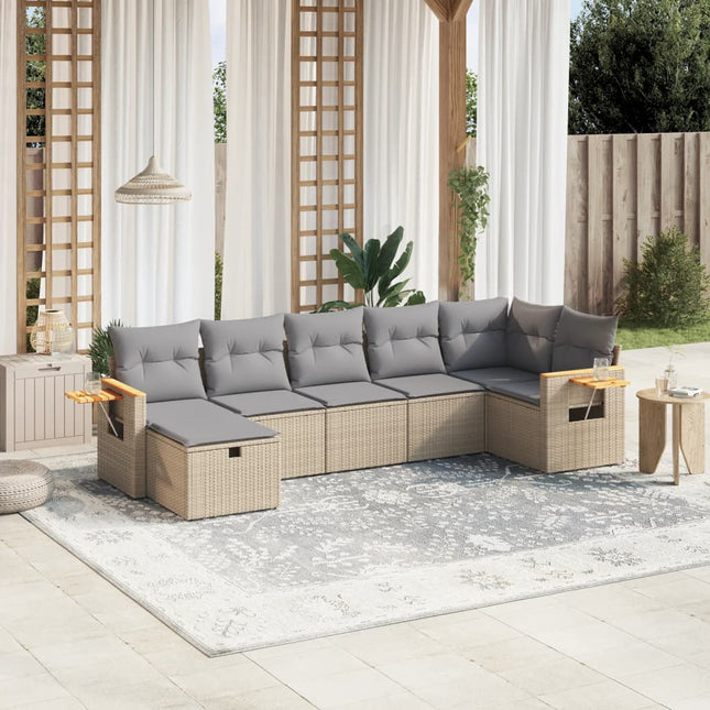 7-Delige Loungeset Met Kussens Poly Rattan Gemengd Beige