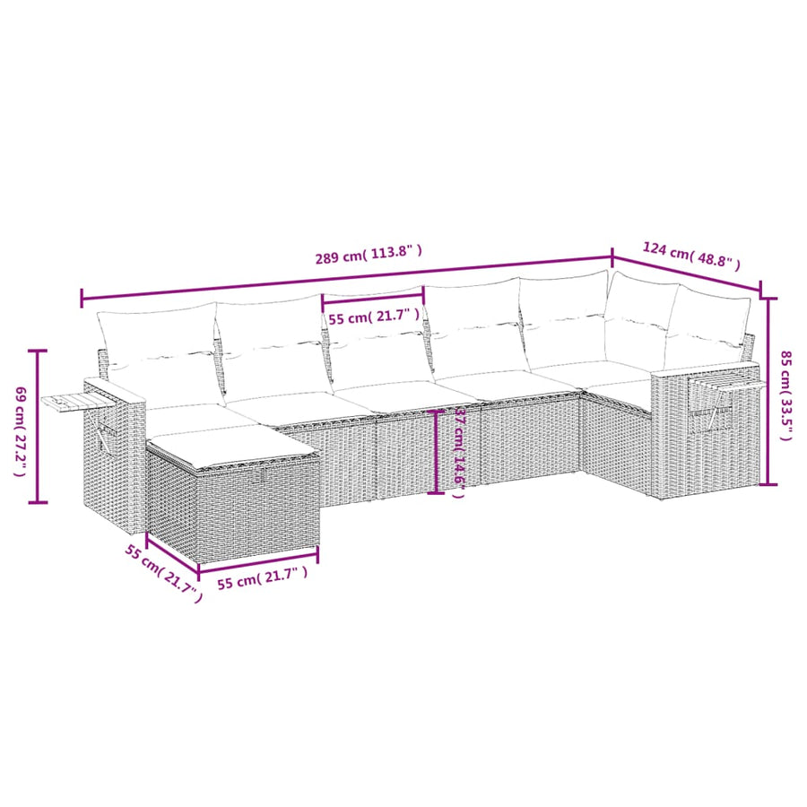 7-Delige Loungeset Met Kussens Poly Rattan Grijs