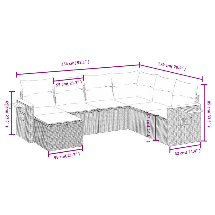 7-Delige Loungeset Met Kussens Poly Rattan Grijs