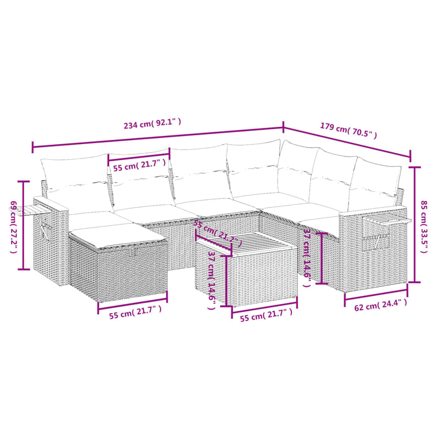 8-Delige Loungeset Met Kussens Poly Rattan Grijs