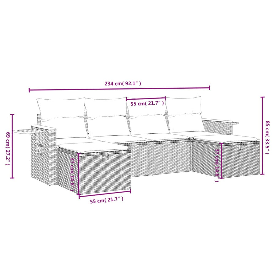 6-Delige Loungeset Met Kussens Poly Rattan Grijs