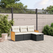 Loungeset 4-delig poly rattan zwart met kussens