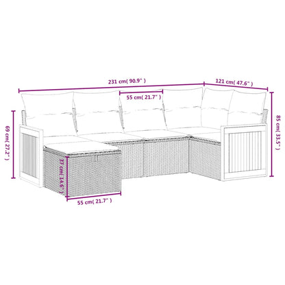 6-delige Loungeset met kussens poly rattan zwart