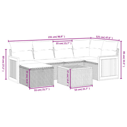 7-delige Loungeset met kussens poly rattan zwart